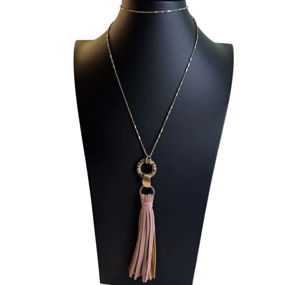 Faux Leather Tassel & Wrapped Ring Pendant on Extra Long Decorative Chain.